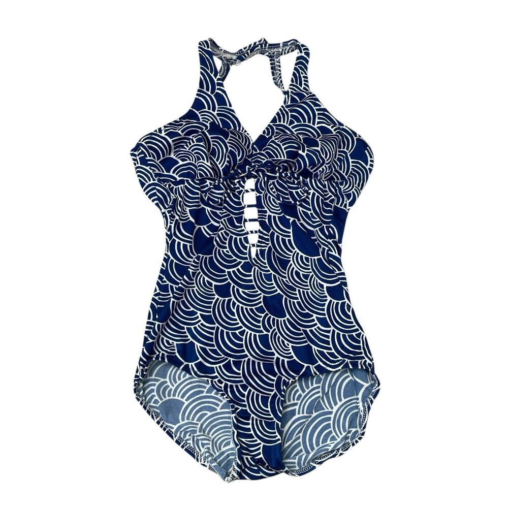 Vintage 1970’s One Piece Swimsuit w/ Deco Print, Blue & White, Small